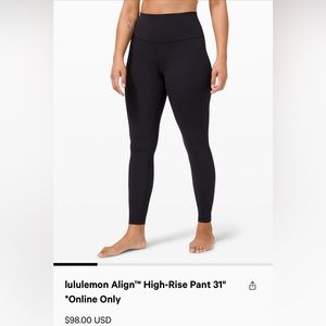 Lululemon Align leggings 31” size 6